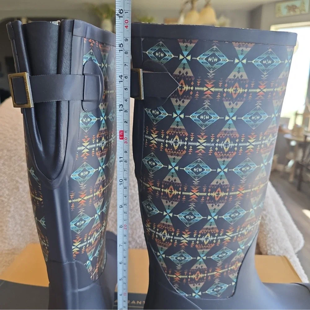 Pendleton Women's Diamond Peak Tall Navy Rain Boots Size 10 NIB Southwest Design